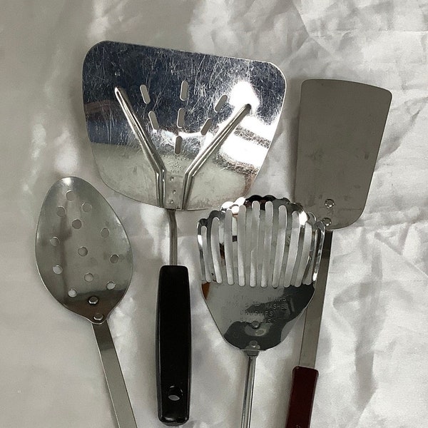 Kitchen Cooking Prep Utensils Vintage Stainless Foley Kichenmajic, Spatula, Stanhome Spatula, & Royal Sharpcutter Cutlery Pierced Spoon