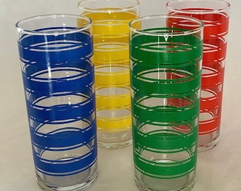 Bright Striped Collins Glass Set Vintage Libbey Glassware Four Tall Bold Colorful Flat Bottom Drinking Glasses Iced Tea / Cool Refreshment