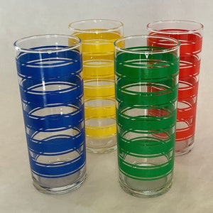 Bright Striped Collins Glass Set Vintage Libbey Glassware Four Tall Bold Colorful Flat Bottom Drinking Glasses Iced Tea / Cool Refreshment