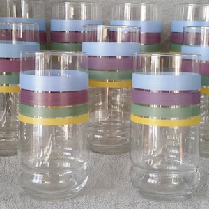 Vintage Crisa Striped Tall Tumblers  Beverage Glasses Brushed Pastel Bands On Clear Glass Large Footed Drinkware