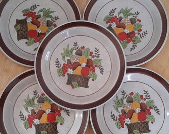 May include: Set of five brown and white ceramic dinner plates with a brown rim. Each plate features a colorful fruit basket design with a pineapple, apples, and other fruits.