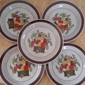 Bountiful Harvest Stoneware 5 Luncheon Plates by Studio Glaze PM-403 Autumnal Fruit Basket Thanksgiving Table Decor Retro Salad/Snack Plates
