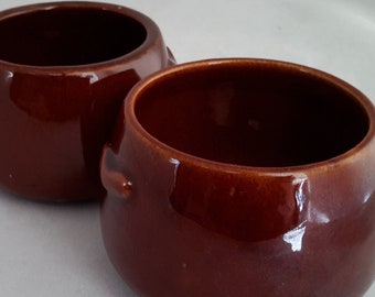 BEAN POTS Vintage Shiny Little Brown West Bend Ceramic Crocks OR A Pair of Salsa and Nacho Cheese Bowls Or Hot And Mild. How About Soup?