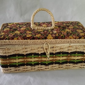 Gorgeous Vintage Sewing Notions Basket Woven Craft Box Wicker Weave Rectangle Basket With Floral Brushed Fabric Lid, Latch and Handle