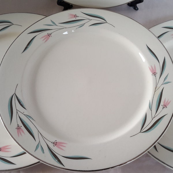 Vintage Knowles China CARLTON H-5004 Platinum Rim Turquoise & Pink Reed Flower Design Dinner Plates Beautiful Discontinued MCM Chinaware Set