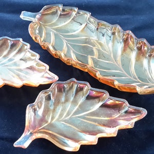 Leaf Shaped Marigold Carnival Glass Nesting Candy/Nut Dish ~ Vintage Three Piece Leaf Shaped Iridescent Glass Relish Tray Set ~ Autumnal