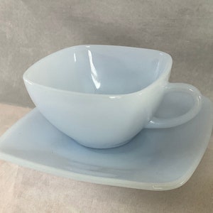 Vintage Anchor Hocking Fire King Blue  Charm Azurite Cup And Saucer Set~ Pair Of Gorgeous Translucent Light Blue Square Coffee Cups & Plates