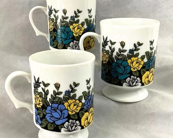 Vintage Floral Footed Mugs, Set of 3, Colorful Rose Design, Retro Coffee Cups