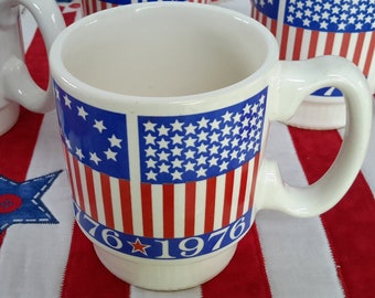 Pfaltzgraff Bi-Centennial Patriotic Red White and Blue Ceramic Coffee Mugs  Vintage Made In America 1776-1976 United States 200th Birthday