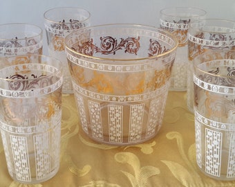 Glamorous Vintage MCM Hollywood Regency Gold Scroll Raining White Stripes & Dots Cocktail Tumbler Glassware Set With Matching Ice Bucket