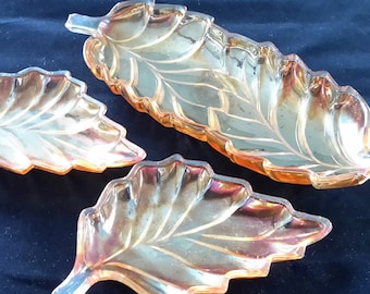 Leaf Shaped Marigold Carnival Glass Nesting Candy/Nut Dish ~ Vintage Three Piece Leaf Shaped Iridescent Glass Relish Tray Set ~ Autumnal