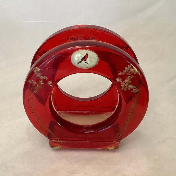 Red Rings Lucite Napkin Holder ~Cardinal & Embedded Dried Flowers ~West Virginia Souvenir~ Bright Acrylic Letter Holder/Desk Organizer