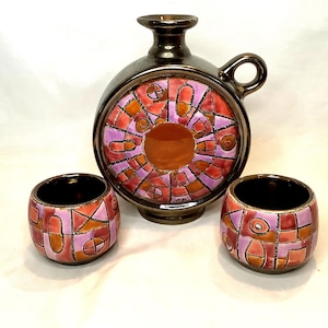 Unique Eduardo Vega Signed Decanter and Cups Set ~ Bronzed Pottery