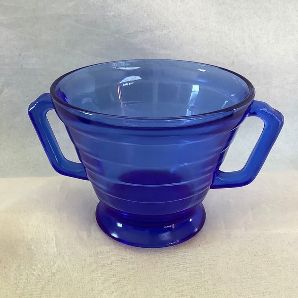 Hazel Atlas Moderntone Cobalt Blue Open Sugar Bowl ~ Sleek Art Deco Lines~ Stunning Blue Pressed Glass~ Vintage Two-Handle Footed Dish