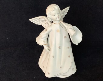 SCHMID Bros Bisque Angel draaien AVE MARIA muziekdoos ~ hoorn spelen gevleugelde hemelse Cherub ~ wit gewaad met gouden sterren roterende muzikale engel