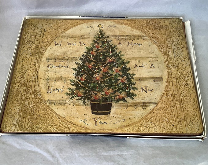 Vintage FESTIVE TREE Pimpernel Hard Surface Cork Back Placemats Boxed