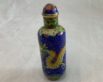 Cloisonné Snuff Bottle  Vintage Chinese Small Blue and Gold Metal Snuff Bottle Enameled Cloisonne Five Claw Dragon