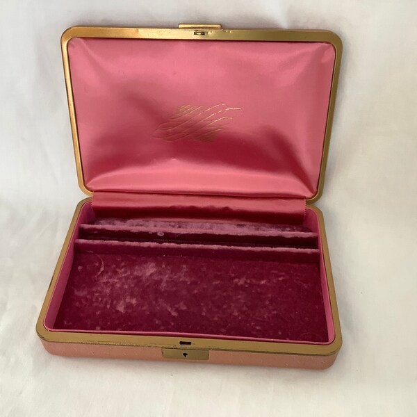 FARRINGTON Vintage Hard Shell Jewelry Case ~ Pink TEXOL Peacock  Eye Pattern~ Brass Trim~ Mid-Century Fashion Clam Shell Travel Jewelry Box