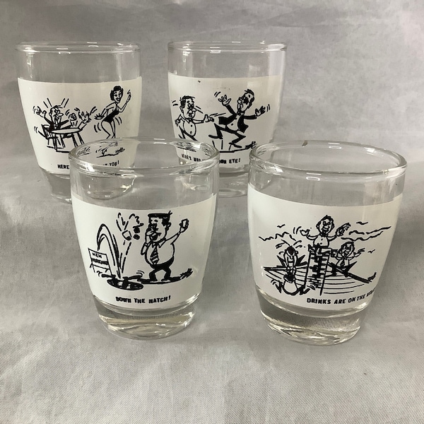 Corny Humor Double Shot Glasses~ Vintage Bar Room Funny Glassware~ Set Of Four Old Time Drinking Jokes Frosted Cocktail Glasses