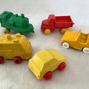 Vintage Plastic Toy Trucks And Cars Viking Toys Sweden, Spindler Toys West Germany Colorful Soft Plastic Play Cars, Truck, Train, Ambulance