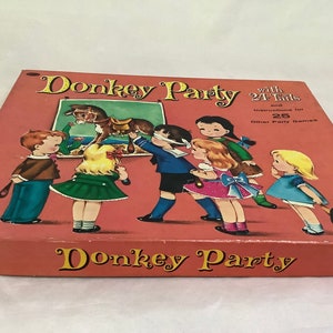 DONKEY PARTY Children’s Party Game Set~ Vintage Birthday Party Pin The Tail On Adorable Donkey & 25 Other Fun Games Signed Donkey Litho