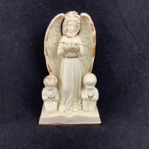 Guardian Angel Looking Over Children Down On Knees In Prayer Figurine ~ Gold Accent Angel with Kids On Open Bible Base Porcelain Statuette
