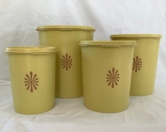 Classic Vintage Servalier Tupperware Canister Set~ Four Yellow Nesting Food Storage Containers With Seals~ Brown Starburst Design