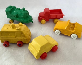 Vintage Plastic Toy Trucks And Cars Viking Toys Sweden, Spindler Toys West Germany Colorful Soft Plastic Play Cars, Truck, Train, Ambulance