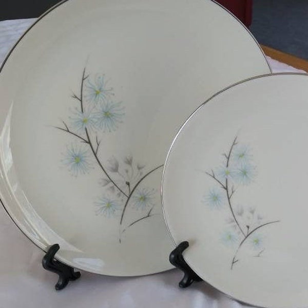 Edgerton ETERNAL SPRING China Bread and Butter Plates and Salad Plates. Made in USA. Delicate Grey Blue and Yellow Flowers Platinum Trim