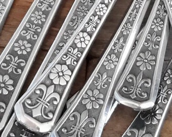 Interpur FLORENZ Flatware Pieces Vintage Pedal Flower And Fleur-di-Lis Design Textured And Black Accented Quality Stainless Steel Silverware