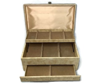 Vintage Buxton Jewelry Box~ Large Cream Marbled Cover~ Lift Top Automatic Slide Out Bottom Drawer~ Three Tier Champagne Interior
