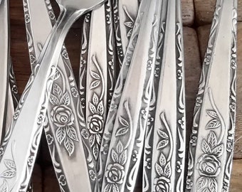 INTERPUR Rose Vintage Stainless Steel Satin Finish Rose Black Accented Scroll Design Edge Flatware Discontinued 20th-Century Pretty Pattern