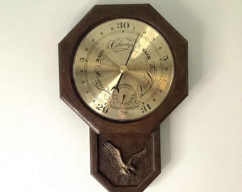 Taylor Weather Station Faux Wood  Eagle Crested Wall Clock Style Barometer and Thermometer