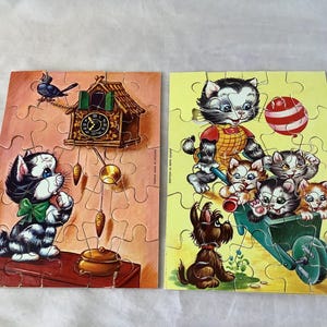 Vintage Simplex Pussel ~ Barnpussel 2 i 1 av Plywood ~ Tillverkat i Holland ~ Kattungar Konst av Michaelis Simplex Sperrholz Legespiel
