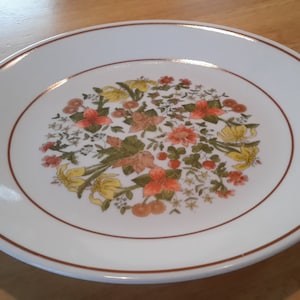 Indischer Sommer Corelle Ware Salatteller Vintage Orange Gold Blumen Grün Blätter auf weißem Korning Ware Teller