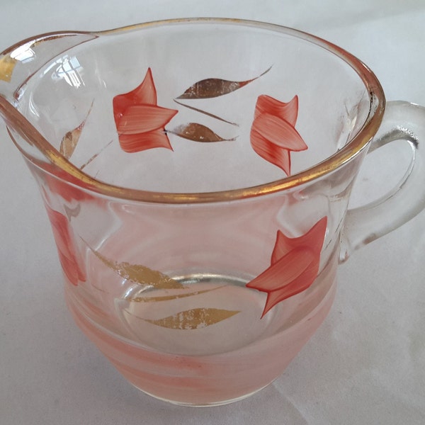 Bartlett-Collins Vintage Beautiful Hand Painted Clear Glass Creamer Tulips and Gold Leaves Small Gold Trim Spouted Serving  Pitcher