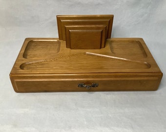 Men’s Wooden Dresser Valet~ Light Colored Wood Routed Top Sections~ Letter Holder And Pull Out Drawer~ Gentleman's Personal Desk Organizer