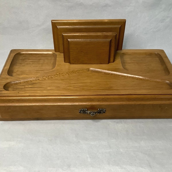 Men’s Wooden Dresser Valet~ Light Colored Wood Routed Top Sections~ Letter Holder And Pull Out Drawer~ Gentleman's Personal Desk Organizer