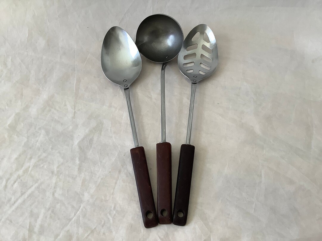 Vintage ANDROCK Wood Handle Stainless Steel Kitchen Utensil Set Three  Matching Pieces Long Handled Mixing Spoon, Slotted Spoon, and Ladle 
