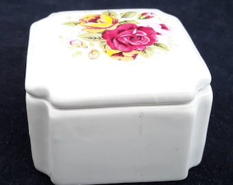 Red and Yellow Rose Porcelain Trinket Box Small Notched Corner Rosary Keeper