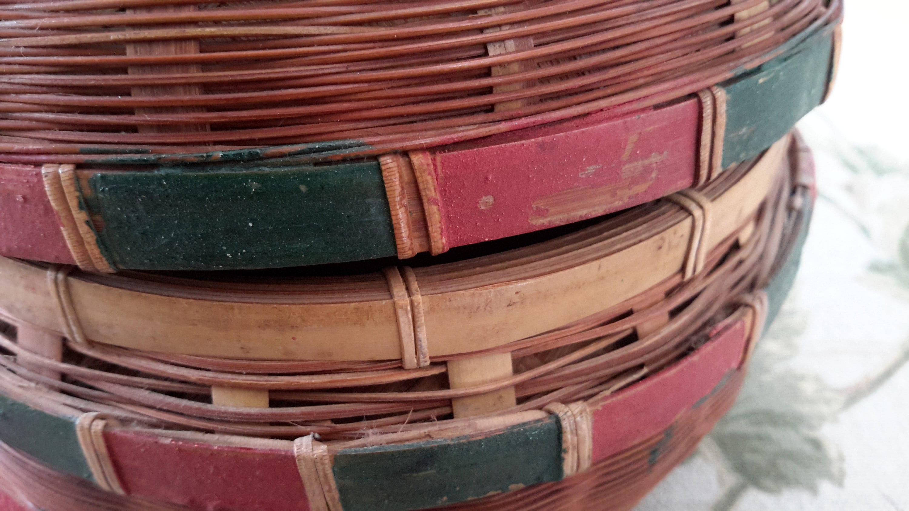 Vintage Round Chinese Wicker Basket Interesting Design Lid Sewing