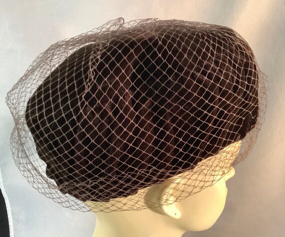 Brown Pleated Velvet Woman's Hat With Fishnet Vei… - image 3