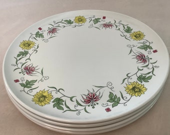 Flowery Vintage DEBONAIRE MELMAC Dinnerware~ Set of Four Dinner Plates~ Mid-Century Melamine 9 1/2" Plates Trimmed W/Colorful Wild Flowers