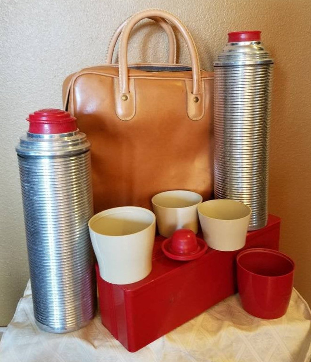 Vintage Picnic and Thermos Lunch Set Genuine US Naugahyde