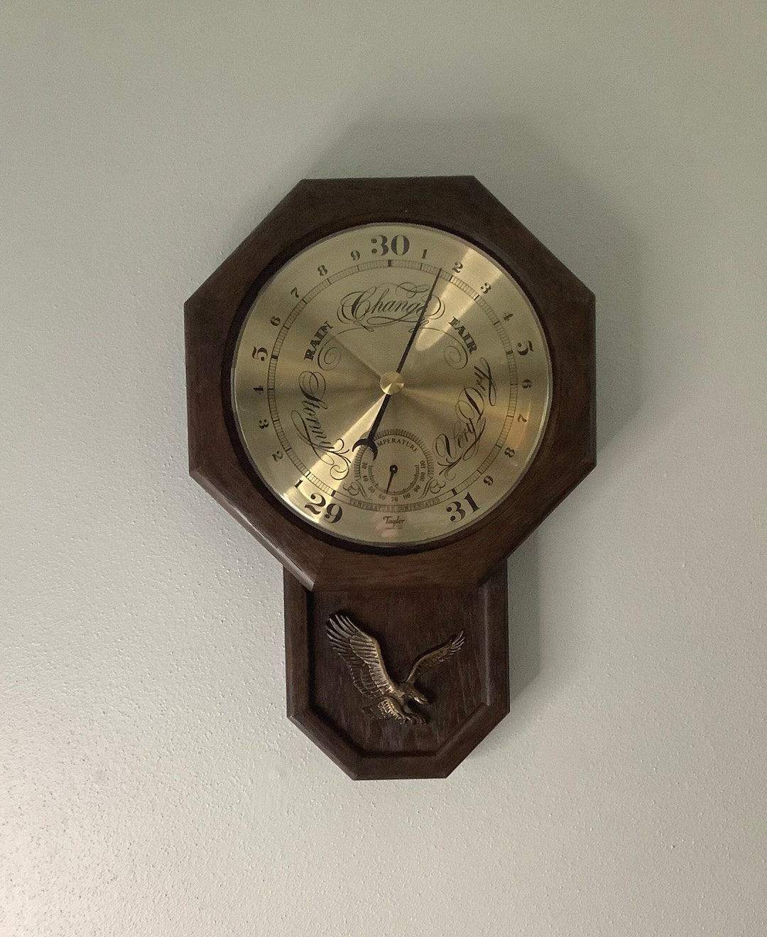 Taylor Weather Station Faux Wood Eagle Crested Wall Clock Style