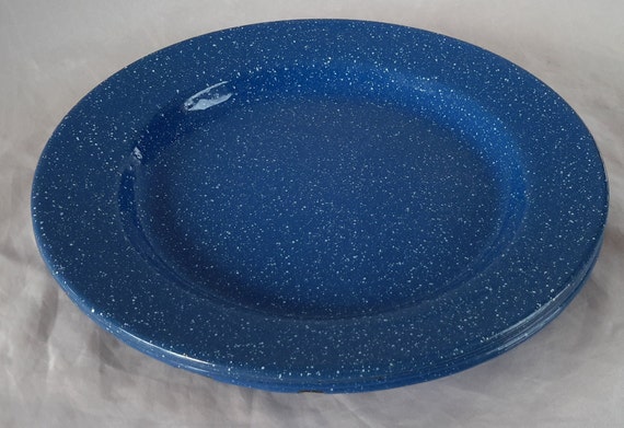 Blue Speckled Enamel Metal Dinner Plates Chow Time Set of Four