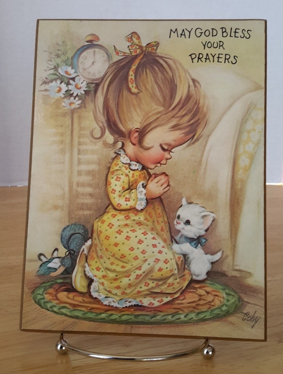 Bedtime Prayers Kneeling Little Girl With Her Dolly and Her Kitten