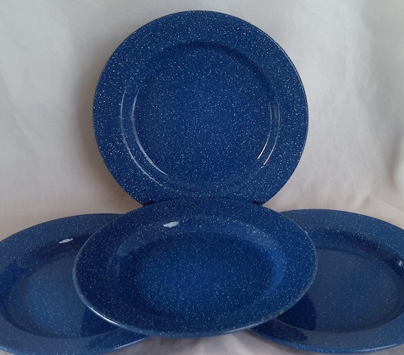 Blue Speckled Enamel Metal Dinner Plates Chow Time Set of Four Enamelware  for Camping Picnic Every Day Use Country Farm House Kitchen Decor -   Israel