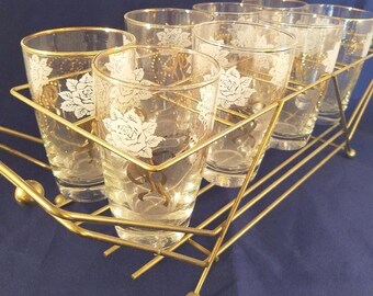 Neuheit ROSE CLASSIC Summertime Vintage Libbey Becher Set - 8 Trinkgläser mit weißer Blume und Bandmotiv mit Metallträger / Aufbewahrungsregal