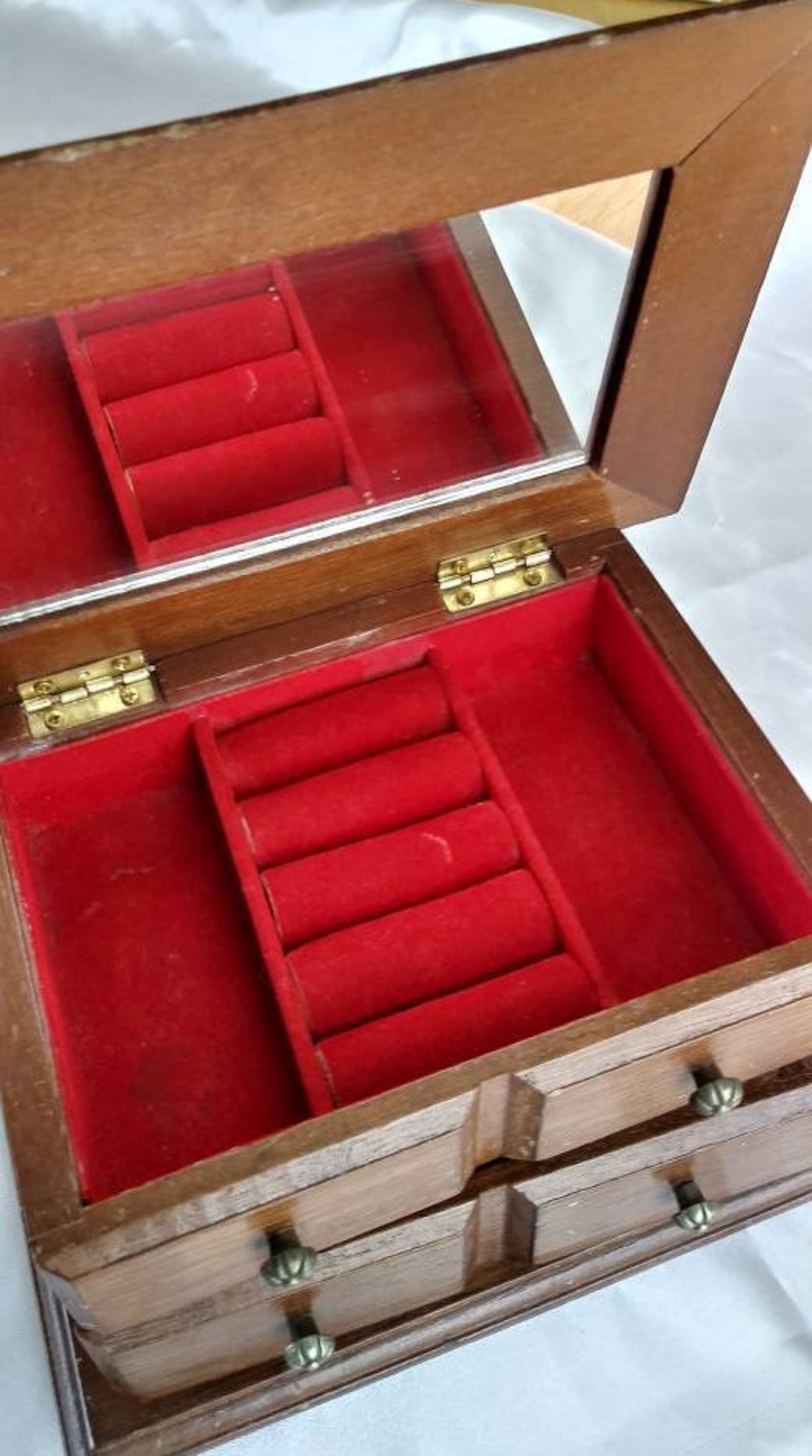 Vintage Wooden Dresser Top Jewelry Box With Mirror and Red Velvet